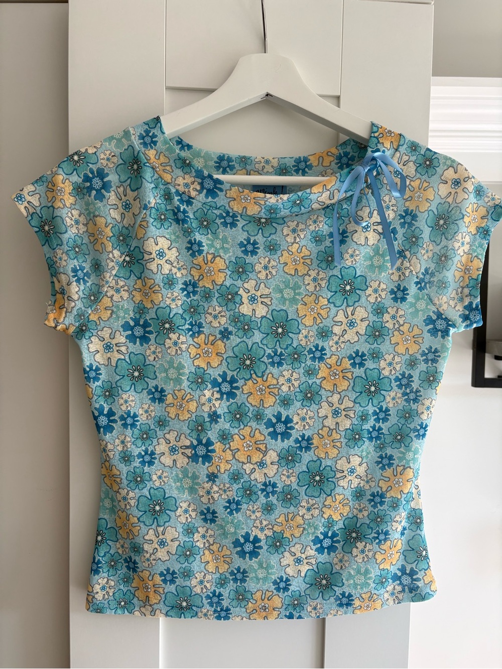 Vintage Floral Blue & Yellow Top with Tie Detail